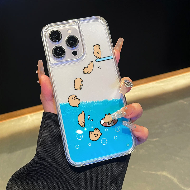 Fragance X - 高級感のある青い水のかわいいカピバラ豚の流砂風スマホケース iPhone 16 15 13 12