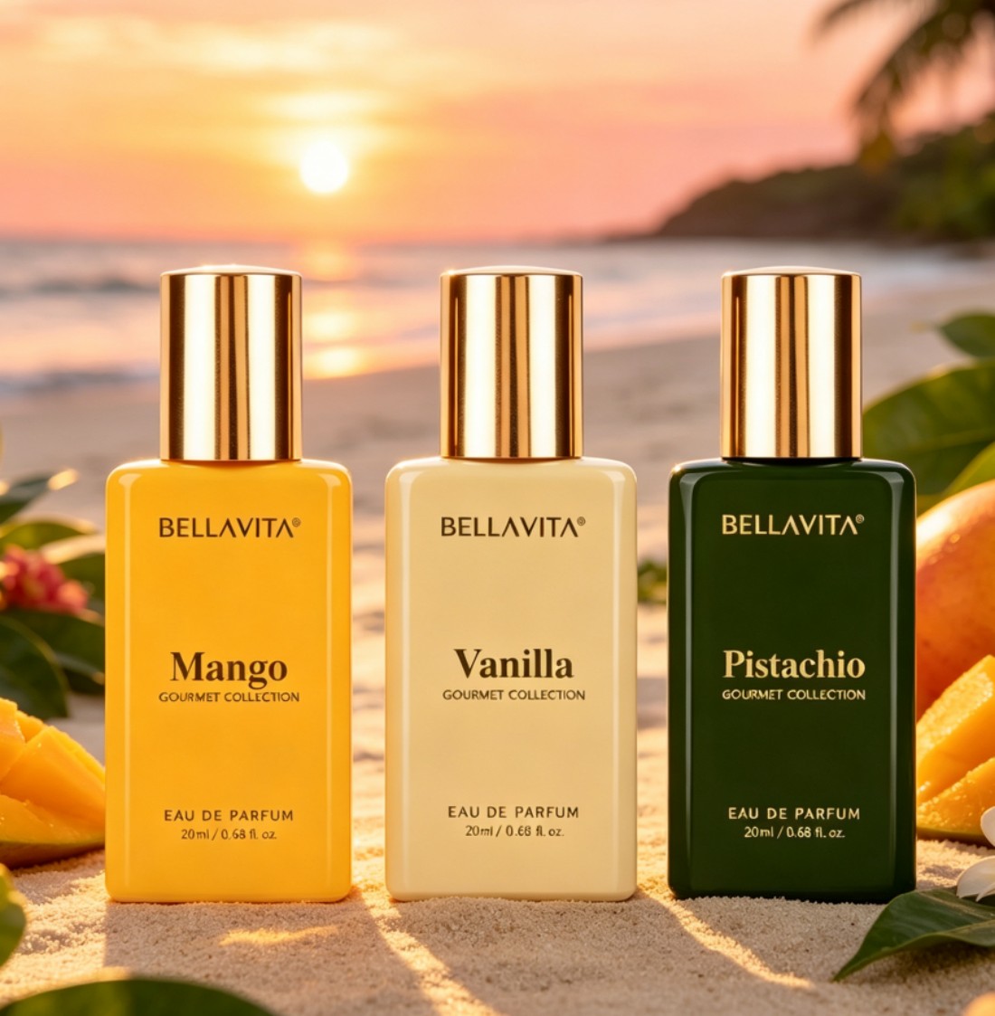 Perfume Fragrance Samples - 魅力的な香りのBELLAVITA、新しいグルメコレクションセットが登場。マンゴー（トロピカルフルーツフレーバー）、バニラ（クリームバニラフレーバー）、ピスタチオ（ナッツデザートフレーバー）が含まれており、新鮮で長持ちする香りで、どんな場所にも合うユニークなアロマです。